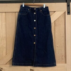 Goldsign Dark Wash Button-Front Denim Midi Skirt, 28